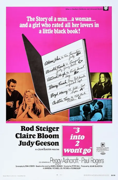 Framed Print : 3 INTO 2 WON'T GO, (aka THREE INTO 2 WON'T GO), l-r: Rod Steiger, Judy Geeson, Claire Bloom on poster art, 1969 Framed Print : 3 INTO 2 WON'T GO, (aka THREE INTO 2 WON'T GO), l-r: Rod Steiger, Judy Geeson, Claire Bloom on poster art, 1969