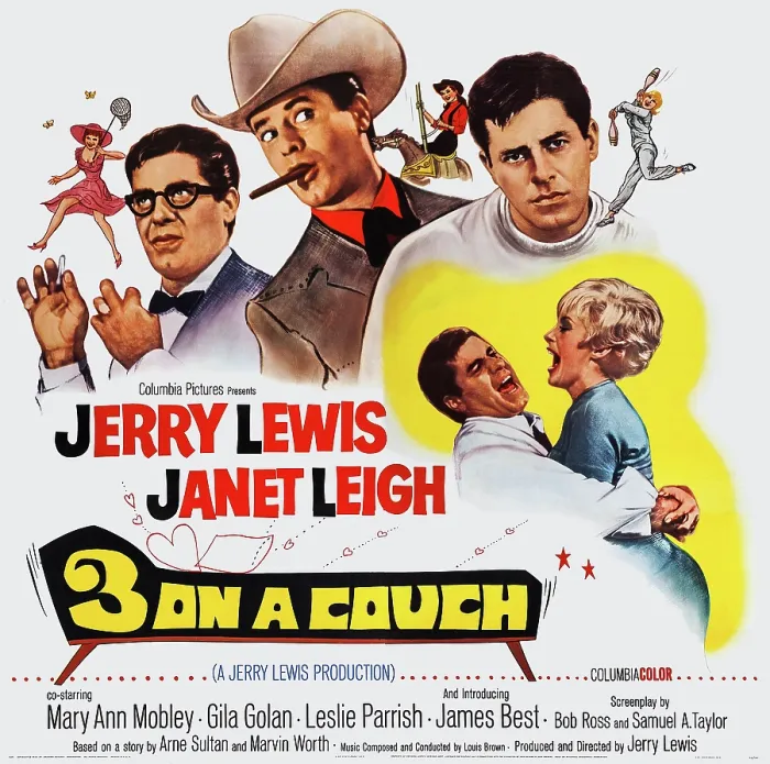 Framed Print : 3 ON A COUCH, (aka THREE ON A COUCH), US poster art, from left: Jerry Lewis, Janet Leigh, 1966 Framed Print : 3 ON A COUCH, (aka THREE ON A COUCH), US poster art, from left: Jerry Lewis, Janet Leigh, 1966