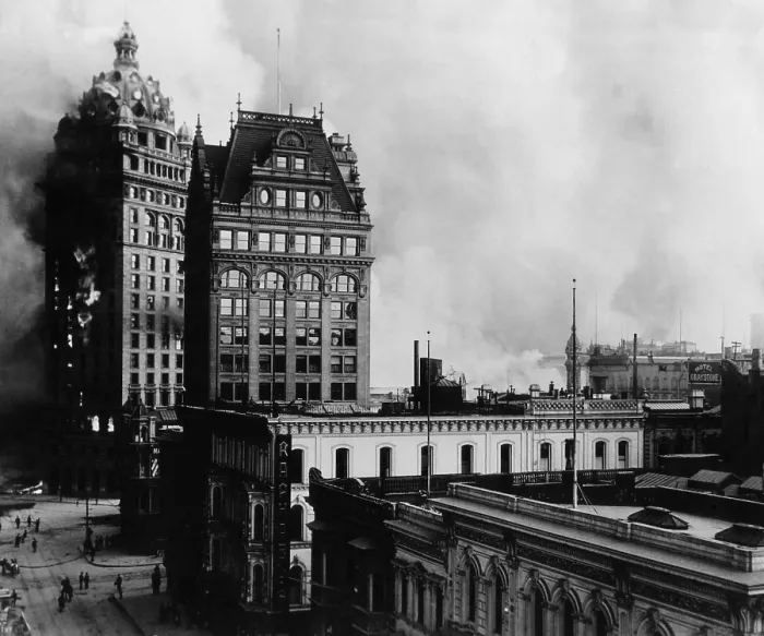Framed Print : 3-day fire that followed the San Francisco Earthquake at Kearny, Third, Market, and Geary Streets. Flames can be seen coming from the windows of the Call Building at far left Framed Print : 3-day fire that followed the San Francisco Earthquake at Kearny, Third, Market, and Geary Streets. Flames can be seen coming from the windows of the Call Building at far left