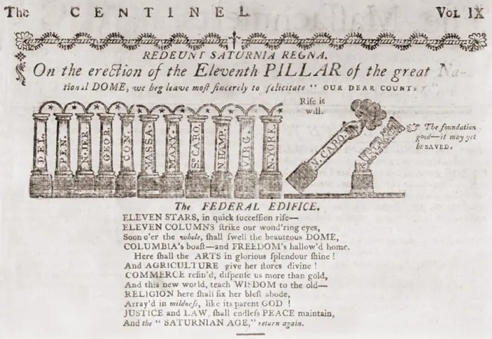 Framed Print : 3_The Federal Pillars, a political cartoon from the Massachusetts Centinel shows the New York column is in place Framed Print : 3_The Federal Pillars, a political cartoon from the Massachusetts Centinel shows the New York column is in place