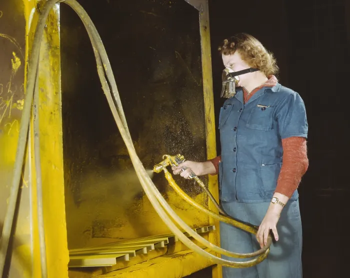 Framed Print : 30 year old mother of two children, spraying small parts for U.S. Army gasoline trailer tanks. Heil Company, Milwaukee, Wisconsin. Feb. 1943. (BSLOC_2013_14_143)