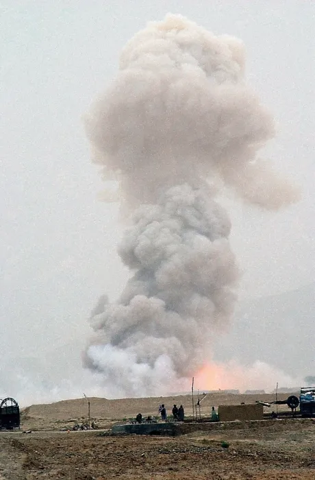 Framed Print : 3000 pounds of bombs left behind by the Soviets go up in smoke. Confiscation and destruction of weapons was a major task of U.S