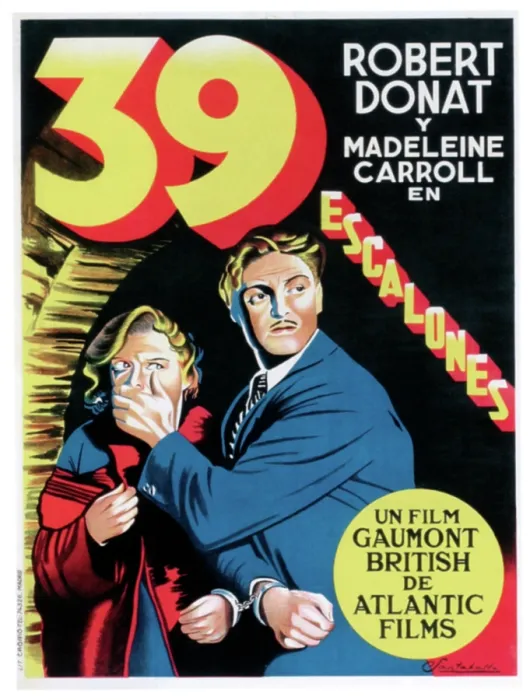 Framed Print : THE 39 STEPS (aka 39 ESCALONES), from left: Madeleine Carroll, Robert Donat on Spanish poster art, 1935 Framed Print : THE 39 STEPS (aka 39 ESCALONES), from left: Madeleine Carroll, Robert Donat on Spanish poster art, 1935