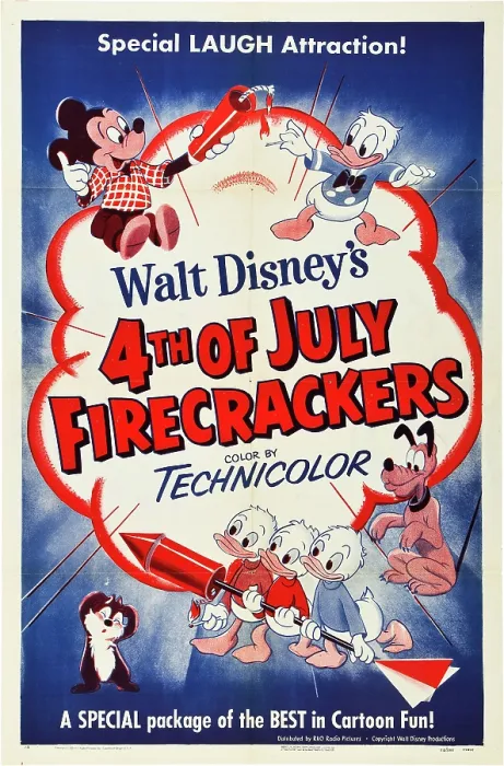 Framed Print : 4TH OF JULY FIRECRACKERS, (clockwise from top left) Mickey Mouse, Donald Duck, Pluto, Hewey, Dewey, Louie, 1943