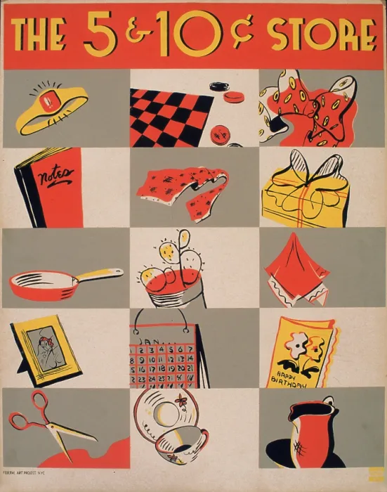 Framed Print : The 5 and 10 cent store, (aka five and dime store), poster showing items that can be purchased at a five and ten cent store, such as rings, pans, games of checkers, china, cards