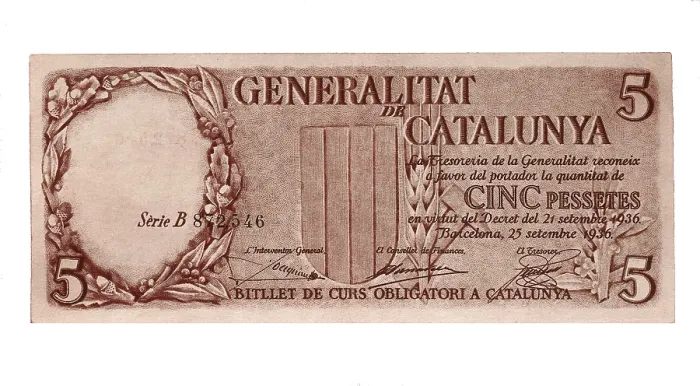Framed Print : 5 pesetas bill issued by the Generalitat of Catalunya (Barcelona1936). Coin. SPAIN. Barcelona. Numismatic Cabinet of Catalonia. AISA / Everett Collection (178074)**US SALES ONLY**