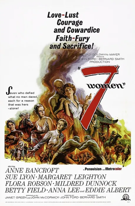 Framed Print : 7 WOMEN, (aka SEVEN WOMEN), US poster, rear from left: Mildred Dunnock, Sue Lyon, Anne Bancroft, 1966