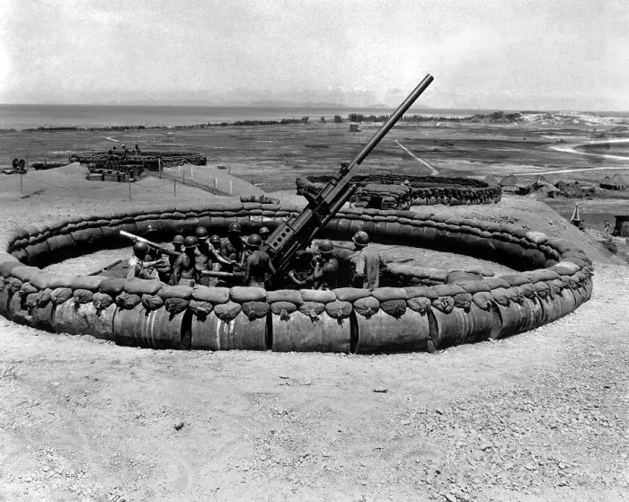 Framed Print : 90mm anti-aircraft gun emplacement with crew in pit on Okinawa, July 18, 1945. World War 2. (BSLOC_2014_10_155) Framed Print : 90mm anti-aircraft gun emplacement with crew in pit on Okinawa, July 18, 1945. World War 2. (BSLOC_2014_10_155)