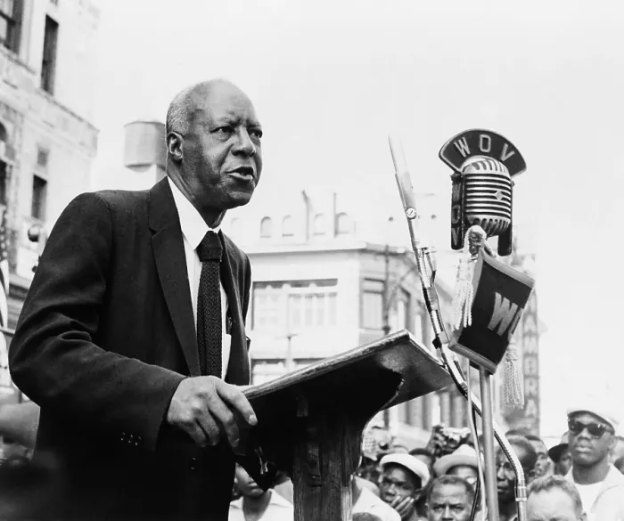 Framed Print : A. Philip Randolph making speech at rally supporting Harlem Congressman Adam Clayton Powell. Aug. 1958