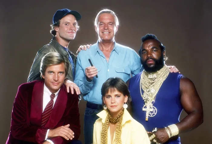 Framed Print : THE A-TEAM, from left: Dirk Benedict, Dwight Schultz, George Peppard, Melinda Culea, Mr. T, (1983), 1983-1987