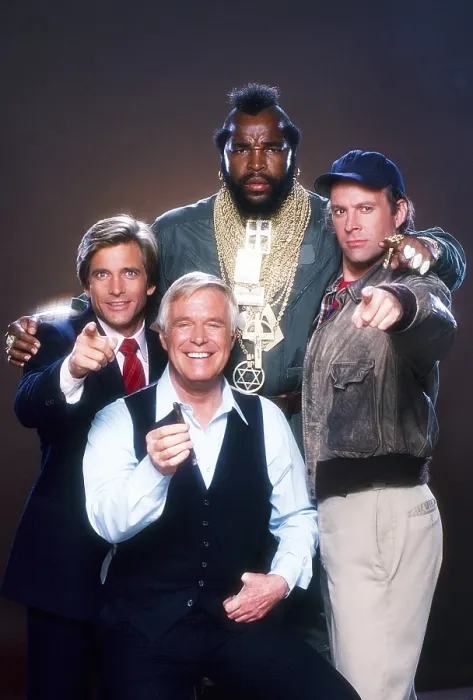 Framed Print : THE A-TEAM, from left: Dirk Benedict, George Peppard, Mr. T, Dwight Schultz, 1983-1987