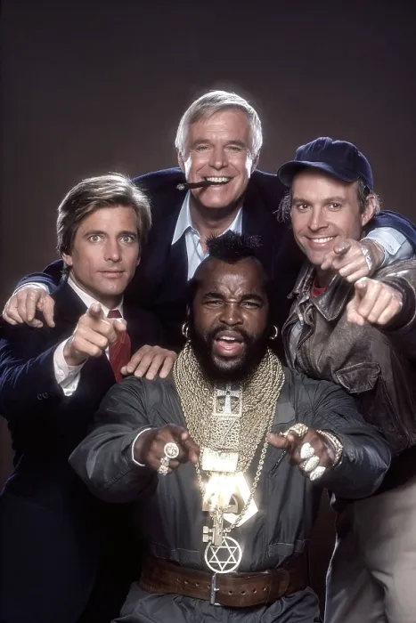 Framed Print : THE A-TEAM, from left: Dirk Benedict, George Peppard, Mr. T, Dwight Schultz, (1984), 1983-1987 Framed Print : THE A-TEAM, from left: Dirk Benedict, George Peppard, Mr. T, Dwight Schultz, (1984), 1983-1987