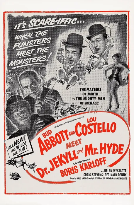 Framed Print : ABBOTT AND COSTELLO MEET DR. JEKYLL AND MR. HYDE, US poster art, from left: Boris Karloff, (twice), Lou Costello, Bud Abbott, Helen Westcott, 1953