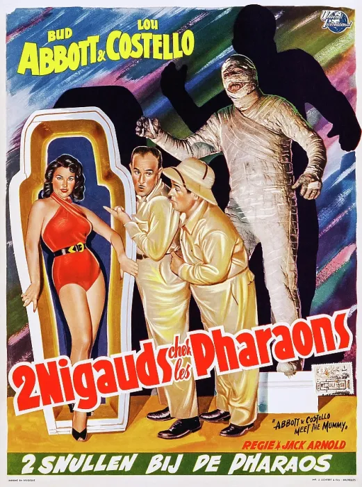 Framed Print : ABBOTT AND COSTELLO MEET THE MUMMY (aka 2 NIGAUDS CHET LES PHARAONS), center: Bud Abbott, right of center: Lou Costello on Belgian poster art, 1955