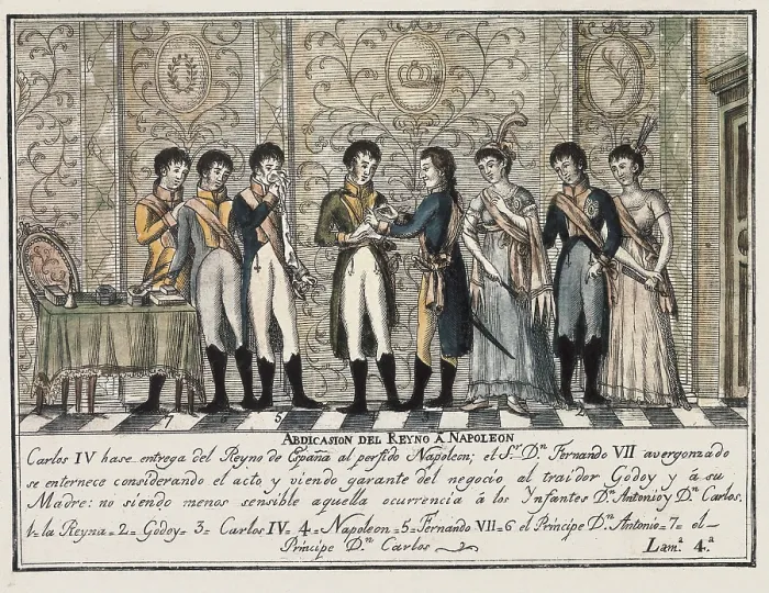 Framed Print : Abdications of Bayonne (1808). Charles IV hands over the throne of Spain to Napoleon in the presence of his son Ferdinand VII. Engraving. SPAIN. Madrid. Municipal Museum