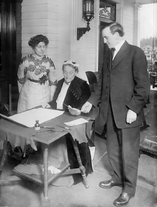 Framed Print : Abigail Scott Duniway (1834-1915), Oregon publisher and women's rights advocate, signing Oregon's Equal Suffrage Proclamation on Nov Framed Print : Abigail Scott Duniway (1834-1915), Oregon publisher and women's rights advocate, signing Oregon's Equal Suffrage Proclamation on Nov