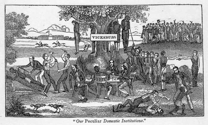Framed Print : Abolitionist cartoon entitled, Our Peculiar Institutions, shows slavery in a lawless society engaged in dueling, knife fighting, cock fighting, lynching, fist fighting