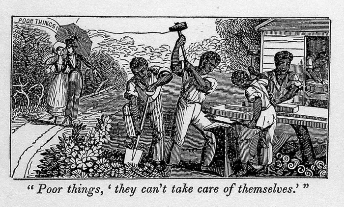 Framed Print : Abolitionist cartoon satirizing slave holders racist justifications for enslavement of blacks