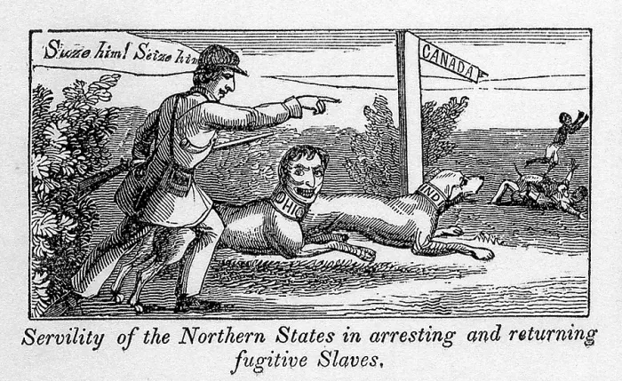 Framed Print : Abolitionist political cartoon attacking the Free States for returning fugitive slaves to their owners