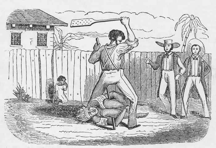 Framed Print : An abolitionists image shows an enslaved slaveundergoes a beating with a hickory paddle while helplessly contorting with staffs and ropes