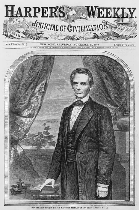 Framed Print : Abraham Lincoln (1809-1856), President-elect, on the front page of Harper's Weekly newspaper after his November 1860 election to the Presidency