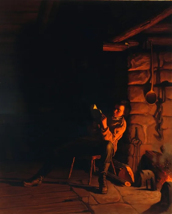 Framed Print : Abraham Lincoln (1809-1865) in Kentucky is romanticised by painter Eastman Johnson's painting, THE BOYHOOD OF LINCOLN--AN EVENING IN THE LOG HUT. 1868 Framed Print : Abraham Lincoln (1809-1865) in Kentucky is romanticised by painter Eastman Johnson's painting, THE BOYHOOD OF LINCOLN--AN EVENING IN THE LOG HUT. 1868