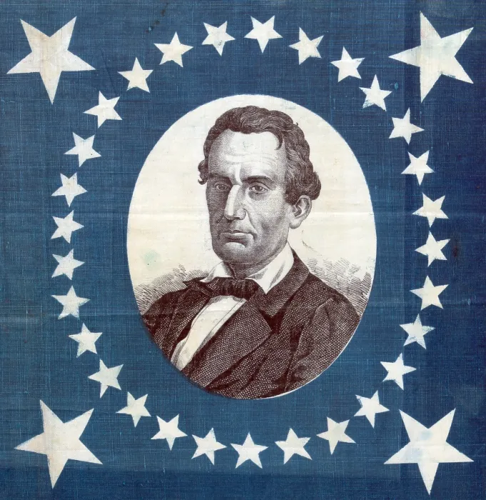 Framed Print : Abraham Lincoln, detail of a campaign banner from the Prsidential election of 1860. Woodcut print on cloth, 1860