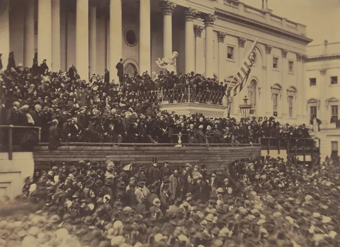 Framed Print : Abraham Lincoln delivering his second inaugural address on March 4, 1865. Lincoln stands in the center of the photo (below the flag and to the left), on the east front of the U.S Framed Print : Abraham Lincoln delivering his second inaugural address on March 4, 1865. Lincoln stands in the center of the photo (below the flag and to the left), on the east front of the U.S
