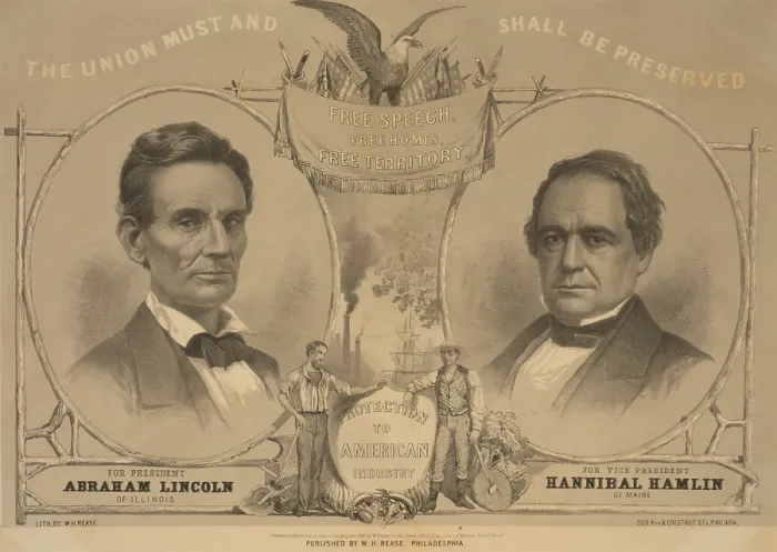 Framed Print : Abraham Lincoln and Hannibal Hamlin portraits on an 1860 Republican campaign banner with the motto