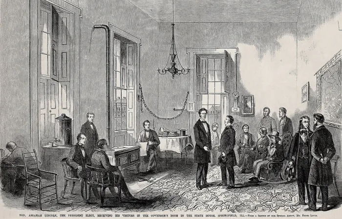 Framed Print : Abraham Lincoln, the President-elect, receiving his visitors in the Governor's room of the State House, Springfield, Illinois