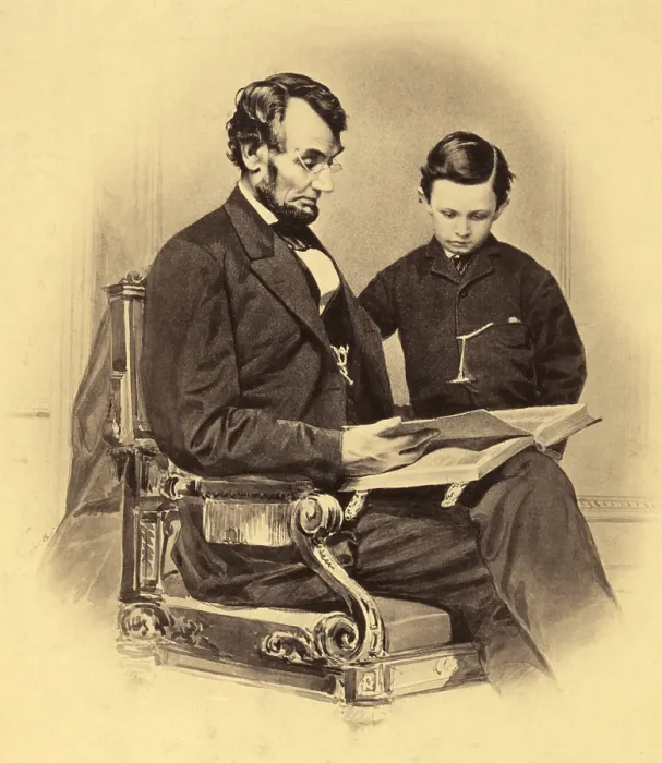 Framed Print : Abraham Lincoln reading the Bible to his son Tad, in 1865