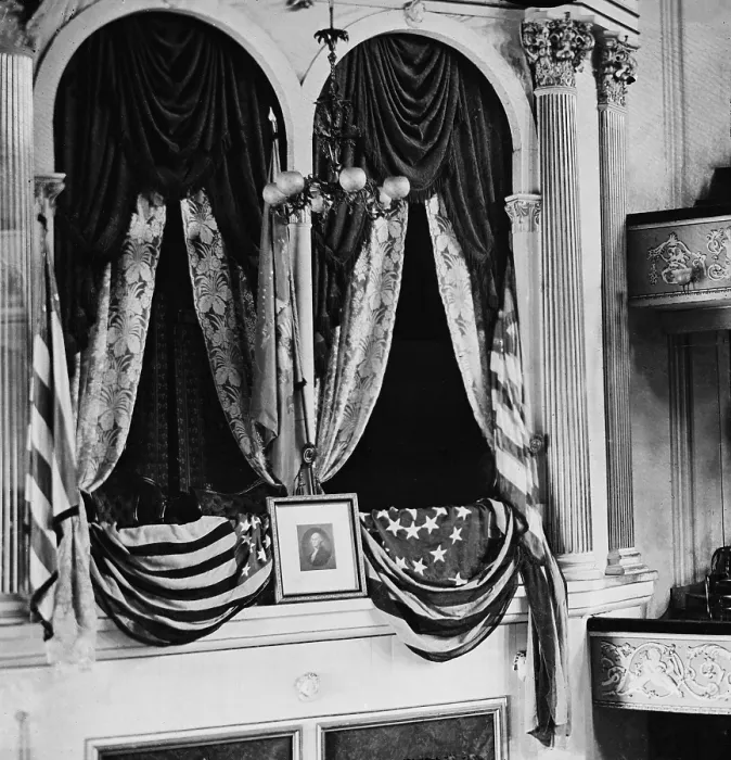 Framed Print : Abraham Lincoln's assassination took place in the flag draped President's box at Ford's Theatre on April 14, 1865
