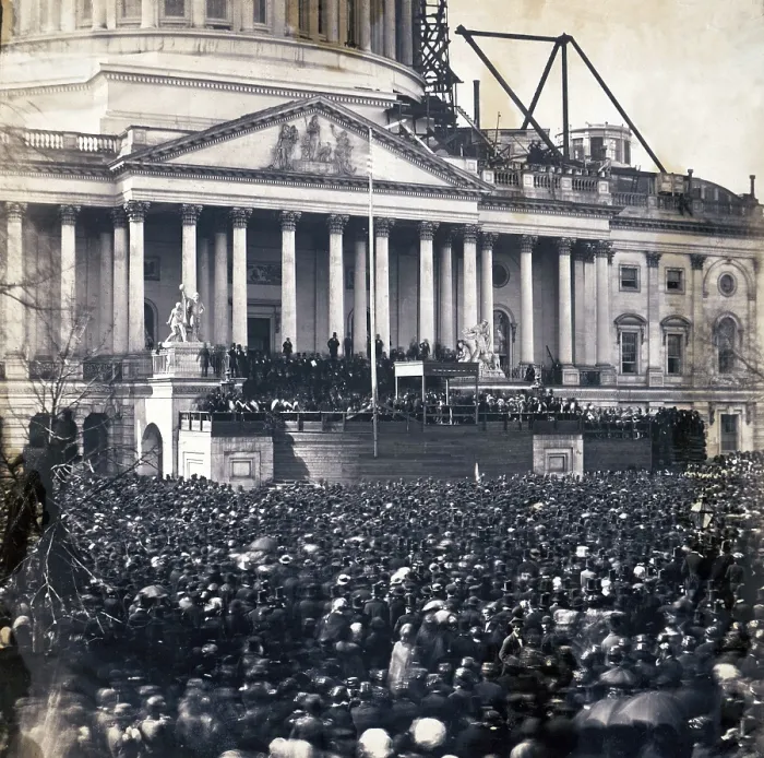Framed Print : Abraham Lincoln's first inauguration on March 4, 1861 with crowds surrounding U.S. Capitol, which is under construction Framed Print : Abraham Lincoln's first inauguration on March 4, 1861 with crowds surrounding U.S. Capitol, which is under construction