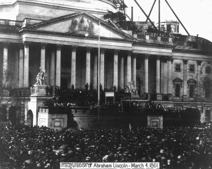 Framed Print : Abraham Lincoln's first inauguration on March 4, 1861 with crowds on U.S. Capitol, which is under construction