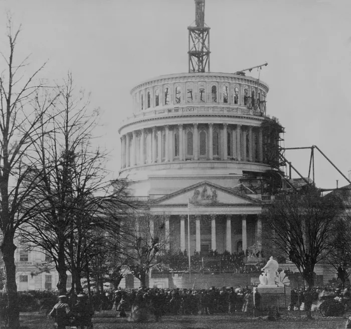 Framed Print : Abraham Lincoln's first inauguration on March 4, 1861 with crowds surrounding U.S. Capitol, which is under construction Framed Print : Abraham Lincoln's first inauguration on March 4, 1861 with crowds surrounding U.S. Capitol, which is under construction