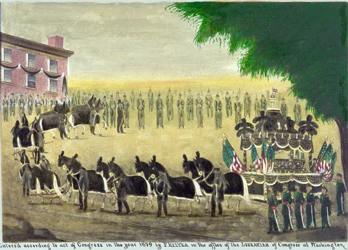 Framed Print : Abraham Lincoln's funeral car in New York City on April 26th, 1865 in folk art style painting