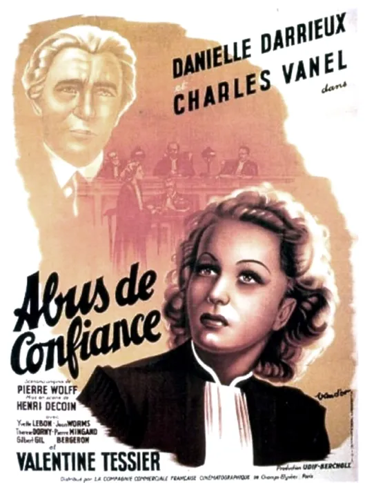 Framed Print : ABUS DE CONFIANCE, (aka ABUSED CONFIDENCE), French poster art, large heads from top: Charles Vanel, Danielle Darrieux, 1937