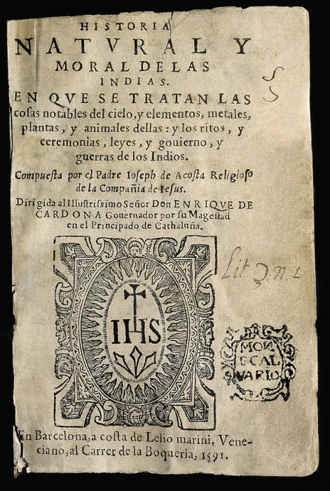 Framed Print : ACOSTA, Jos de (1539-1600). Title page of the 'Natural and moral history of the Indies...'. Edited in Barcelona in 1591. SPAIN. Barcelona. Barcelona University Library