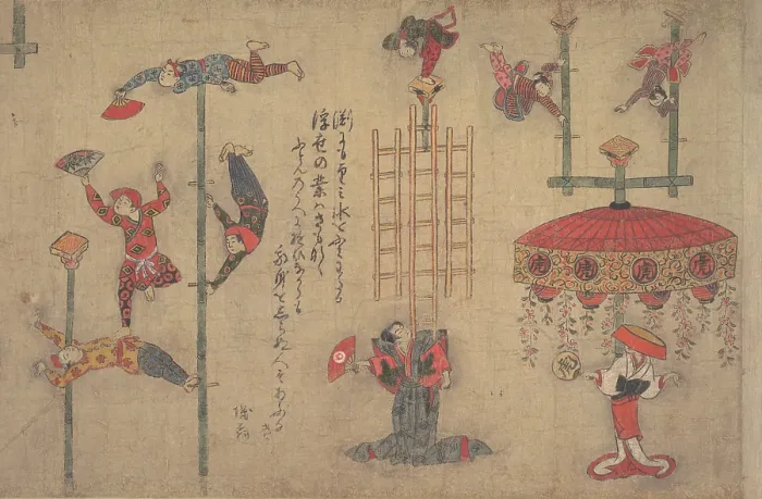 Framed Print : ACROBATS, 1880s, Japanese painting, ink and color on paper. Acrobats perform using bamboo poles and other props for balancing acts