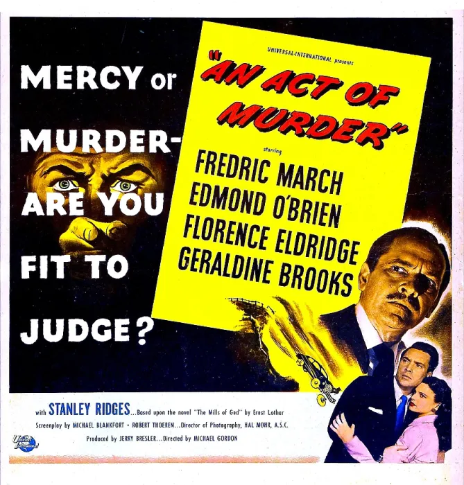 Framed Print : AN ACT OF MURDER, US lobbycard, bottom right from top: Fredric March, Edmond O'Brien, Geraldine Brooks, 1948