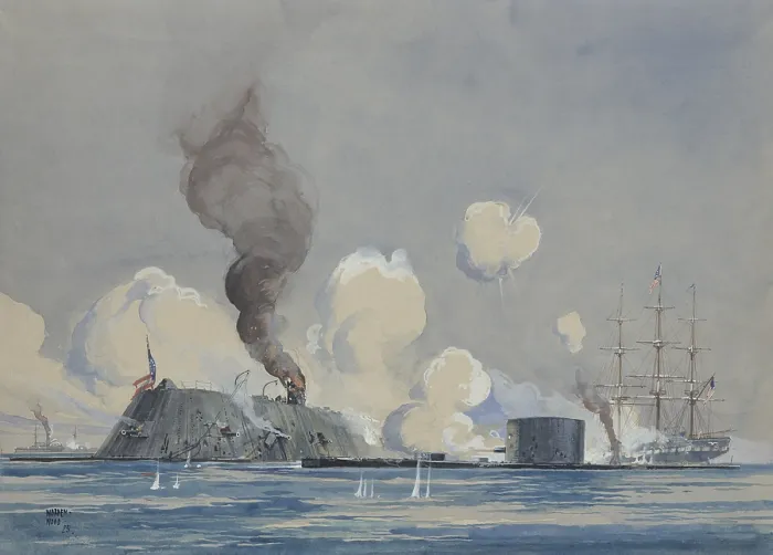 Framed Print : ACTION BETWEEN USS MONITOR AND CSS RAM MERRIMAC, IN HAMPTON ROADS, VA, by Worden Wood, American painting, Watercolor and gouache on paper