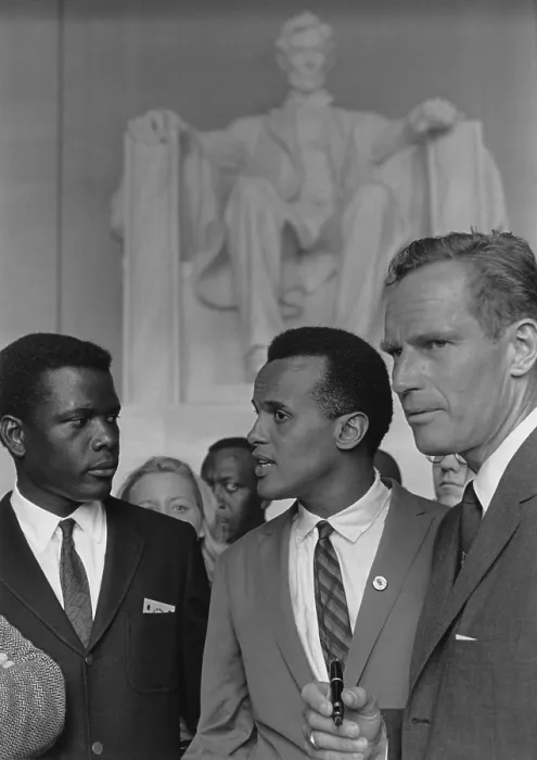 Framed Print : Actors Sidney Poitier, Charlton Heston and singer Harry Belafonte at the 1963 Civil Rights March on Washington. Aug. 28, 1963