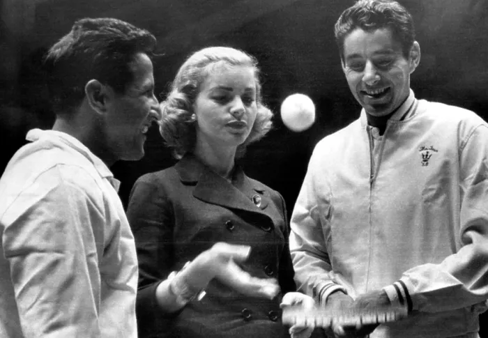 Framed Print : Actress Lauren Bacall serves up ball to pro tennis king Pancho Gonzales as pro ace Pancho Segura (left) looks on. February 13, 1958. Courtesy: CSU Archives / Everett Collection Framed Print : Actress Lauren Bacall serves up ball to pro tennis king Pancho Gonzales as pro ace Pancho Segura (left) looks on. February 13, 1958. Courtesy: CSU Archives / Everett Collection