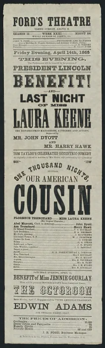 Framed Print : Advertisement for the April 14, 1865 performance of Our American Cousin starring Laura Keene at Ford's Theater