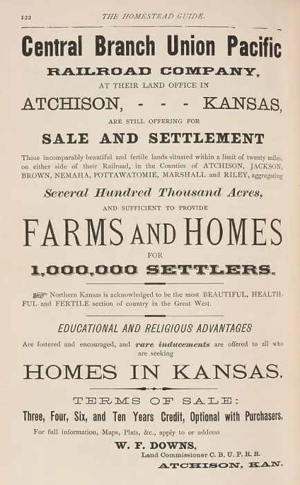 Framed Print : Advertisement in a book, THE HOMESTEAD GUIDE: DESCRIBING THE GREAT HOMESTEAD REGION IN KANSAS AND NEBRASKA, 1873