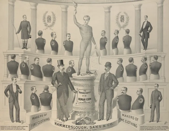 Framed Print : Advertisement for Hammerslough Saks Co. illustrating the variety of men's shapes for which they offered men's wear. Ca. 1890. (BSLOC_2010_18_54) Framed Print : Advertisement for Hammerslough Saks Co. illustrating the variety of men's shapes for which they offered men's wear. Ca. 1890. (BSLOC_2010_18_54)
