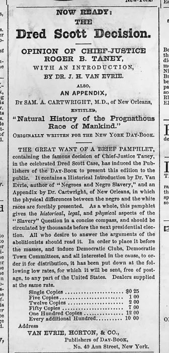 Framed Print : Advertisement for pamphlet of the Supreme Court's Dred Scott decision. 1857