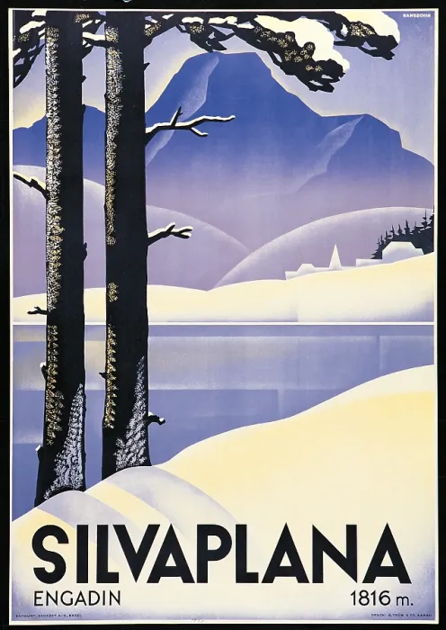 Framed Print : Advertising poster Silvaplana, by Johannes Handschin, 1935, 20th Century, print, - private collection. Advertising poster lake Silvaplana Engadine trees snow blue purple