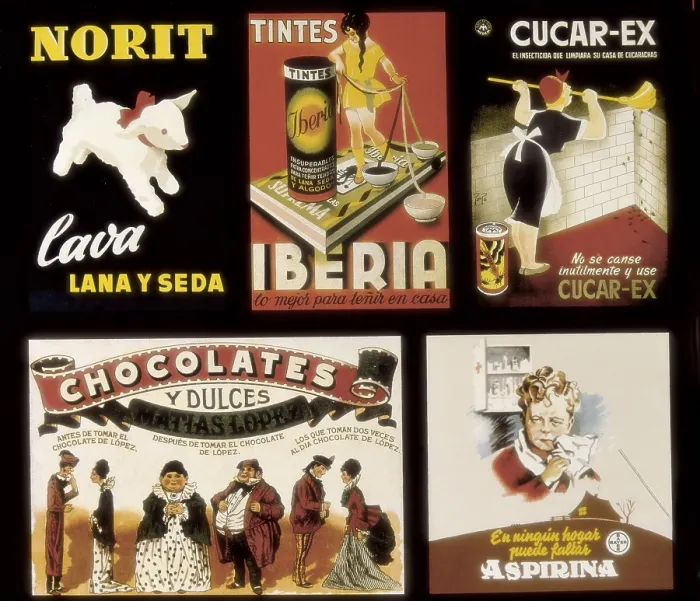 Framed Print : Advertising posters of Norit, Tintes Iberia, Cucar-ex, Chocolates Matas Lpez and Aspirina Bayer. AISA / Everett Collection - Image has fine art copyright