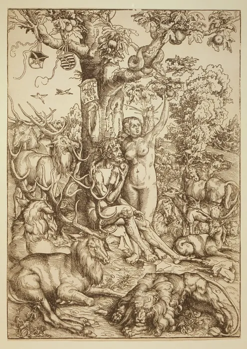 Framed Print : Adam and Eve beneath an apple tree surrounded by animals. Renaissance woodcut by German painter, Luca Cranach, 1509